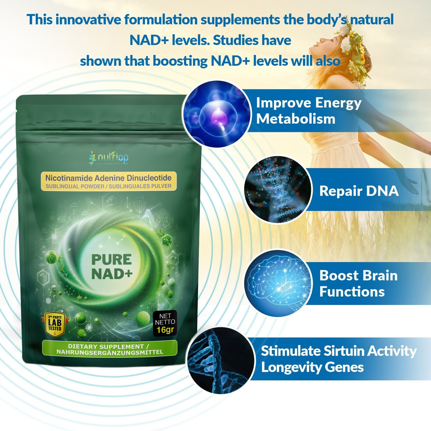 Nutriop Longevity® PURE-NAD+ Extreme Potency sublingual powder